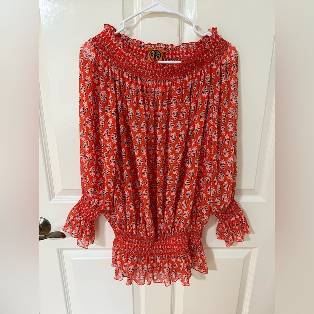 Tory Burch Red Patterned Sheer Blouse - image 1
